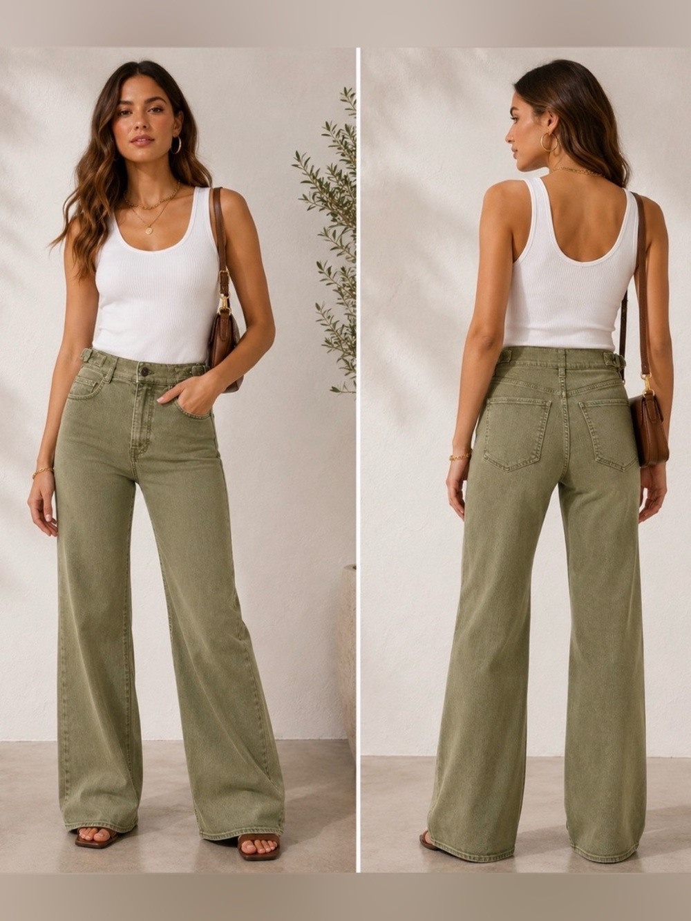 Veronica Beard Jeans Crosbie Waist Tabs Wide Leg Jeans Stone Army